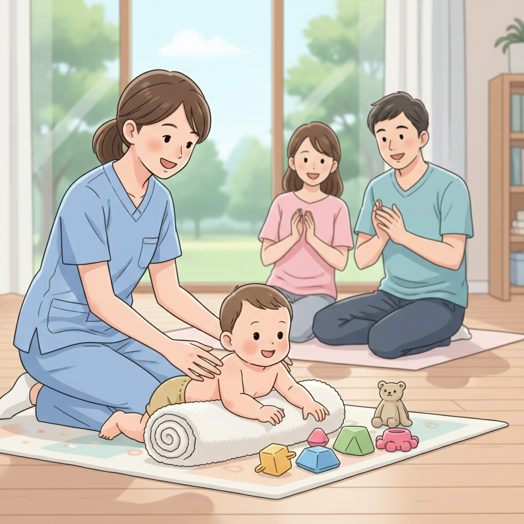 Tummy time egzersizleri: rulo havlu destekli yüzüstü pozisyon